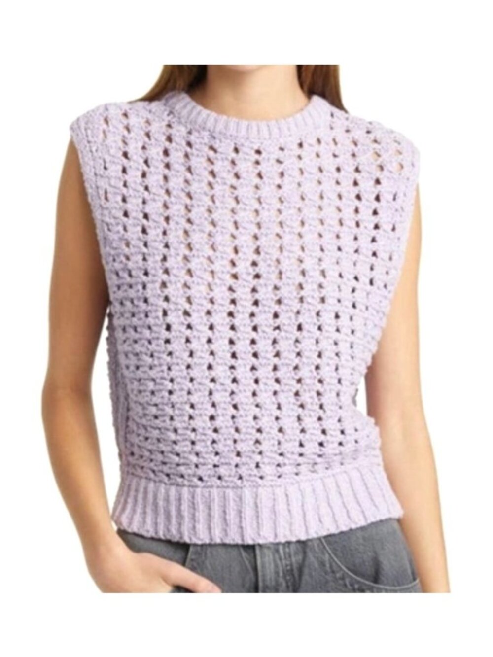 Frame Women's Sz S Tape Yarn Sweater Vest Lavender Sleeveless Crochet Knit